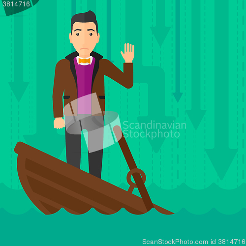 Image of Businessman standing in sinking boat.