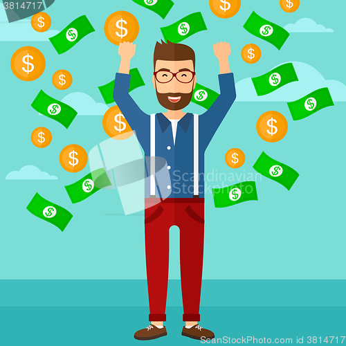 Image of Happy man with  flying money. 