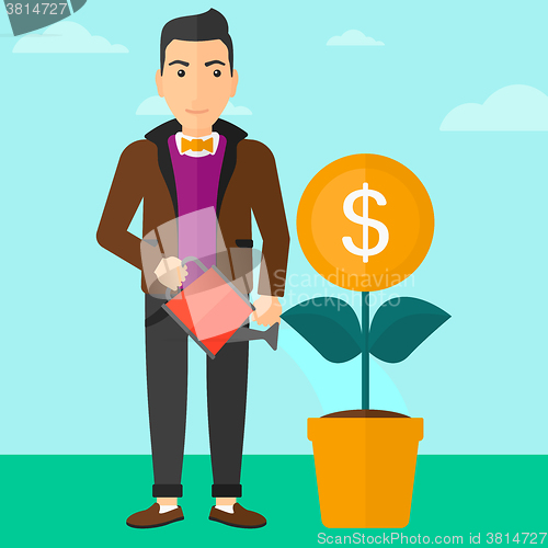 Image of Man watering money flower.