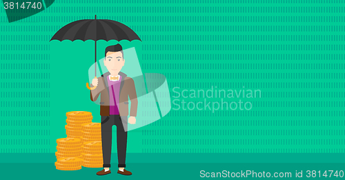 Image of Man with umbrella protecting money.