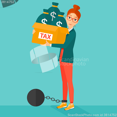 Image of Chained woman with bags full of taxes. 