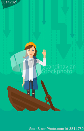 Image of Business woman standing in sinking boat.