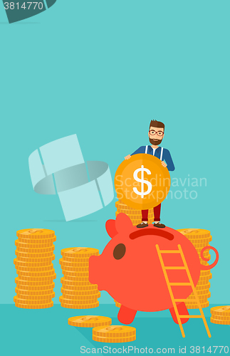 Image of Man putting coin in piggy bank.