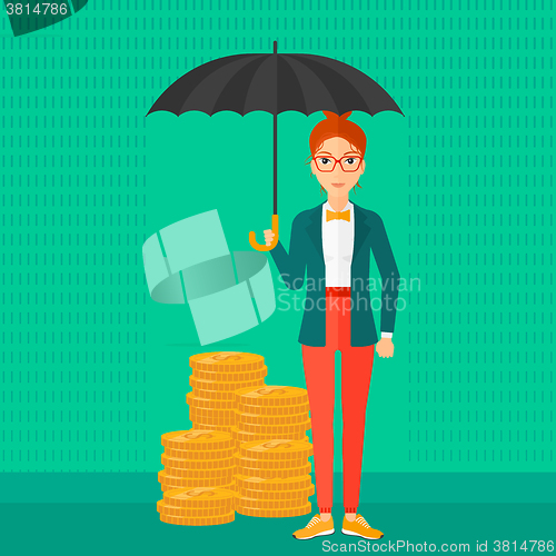 Image of Woman with umbrella protecting money.