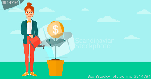 Image of Woman watering money flower.