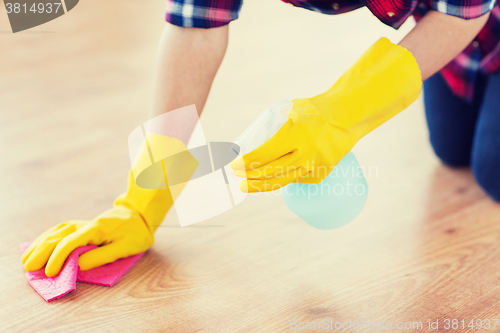 Image of close up of woman with rag cleaning floor at home