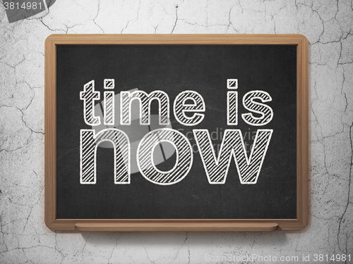 Image of Time concept: Time is Now on chalkboard background