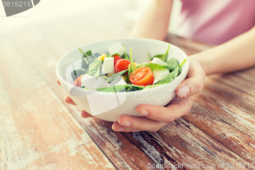 Image of close up of young woman hands showing salad bowl