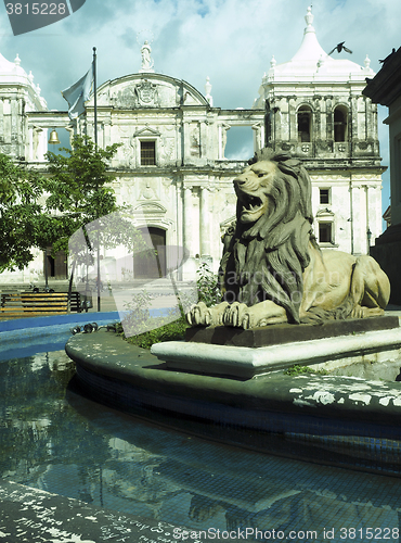 Image of lion state  fountain by statue Maximo Jerez Cathedral of Leon Ni