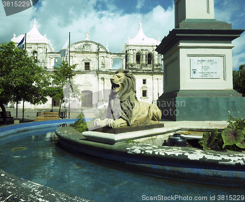 Image of lion state  fountain by statue Maximo Jerez Cathedral of Leon Ni