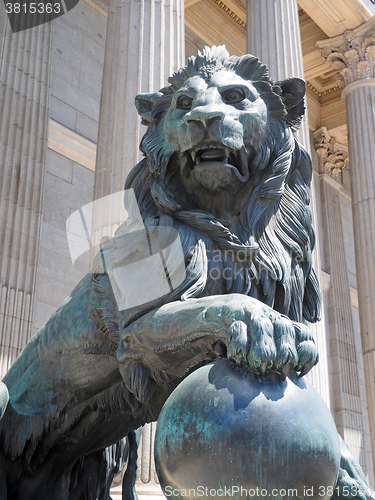 Image of bronze lion state entrance Congress of Deputies Madrid Spain