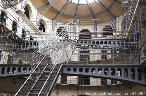 Image of interior metal staircase jail cells in historic Kilmainham Priso