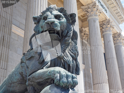 Image of bronze lion state entrance Congress of Deputies Madrid Spain