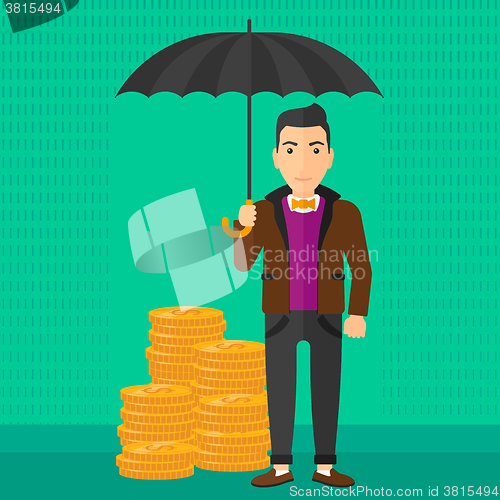 Image of Man with umbrella protecting money.