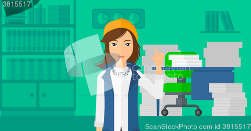 Image of Business woman pointing up with her forefinger.
