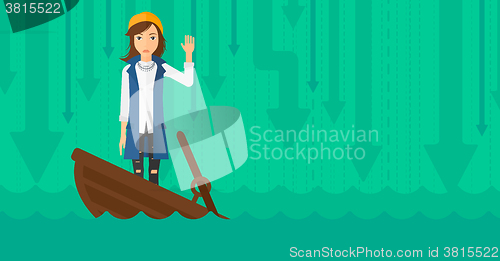 Image of Business woman standing in sinking boat.