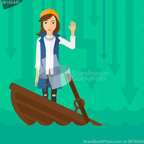 Image of Business woman standing in sinking boat.