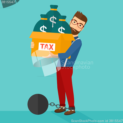 Image of Chained man with bags full of taxes. 