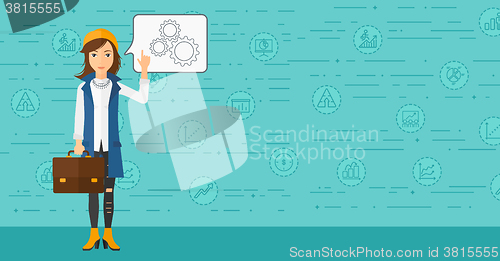 Image of Business woman pointing at cogwheels.