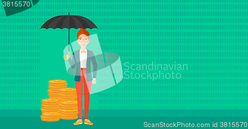 Image of Woman with umbrella protecting money.