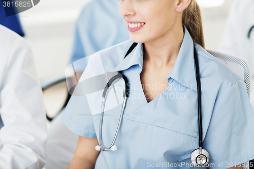 Image of close up of doctor with stethoscope at seminar