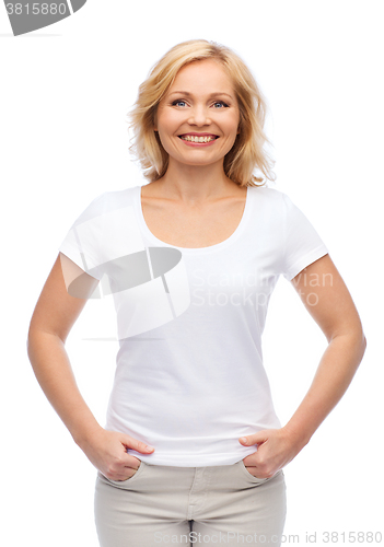 Image of smiling woman in blank white t-shirt