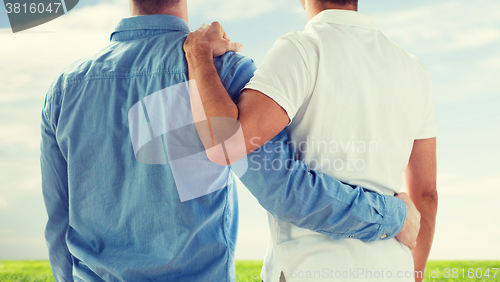 Image of close up of happy male gay couple hugging