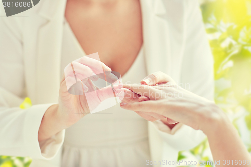 Image of close up of lesbian couple hands with wedding ring