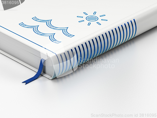 Image of Vacation concept: closed book, Beach on white background