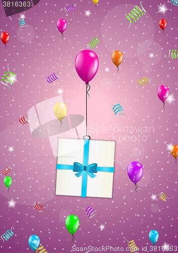 Image of birthday card with balloons and gift