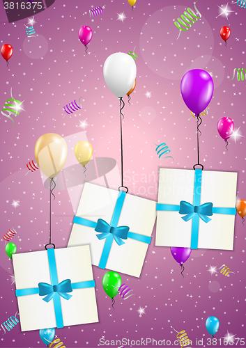 Image of birthday card with balloons and gift