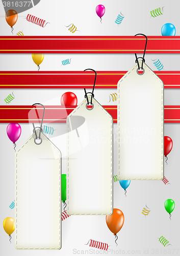 Image of blank paper tags on background with balloons