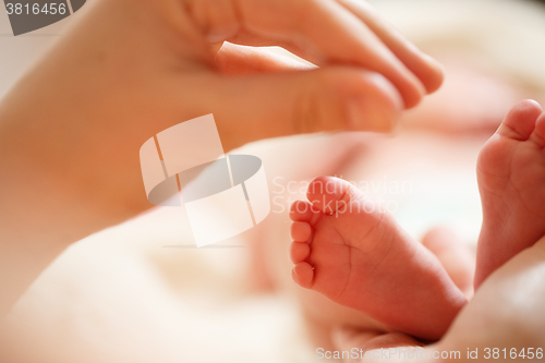 Image of Mother holds in his hands a small baby foots