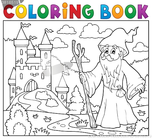 Image of Coloring book druid near castle