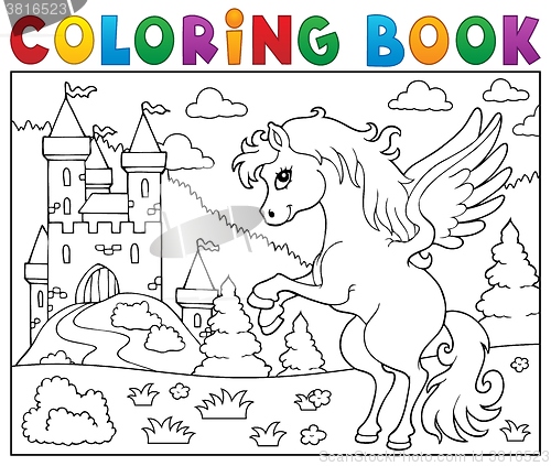 Image of Coloring book pegasus near castle