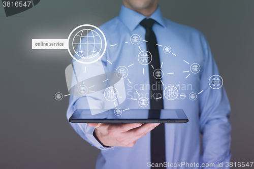 Image of Businessman holding a tablet pc with online service text on virtual screen. Internet concept. 