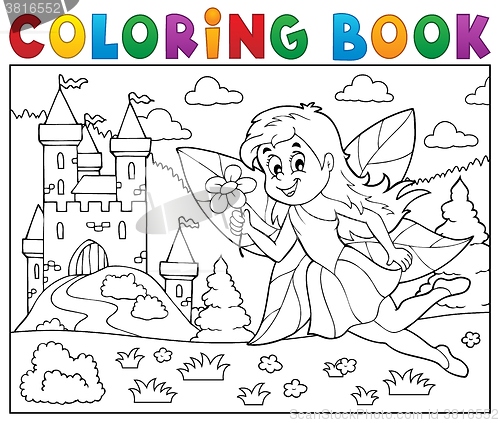 Image of Coloring book fairy near castle