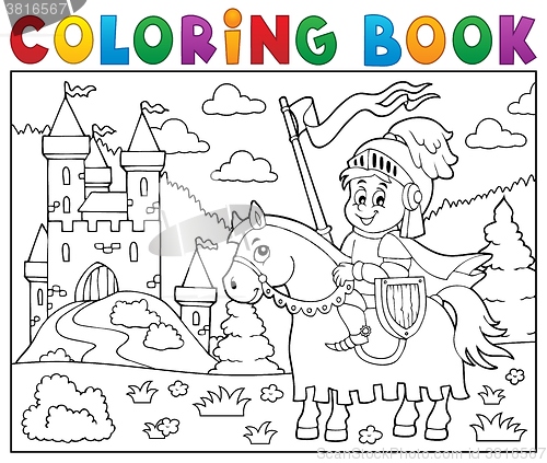 Image of Coloring book knight on horse by castle