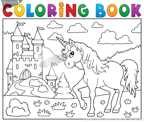 Image of Coloring book unicorn near castle