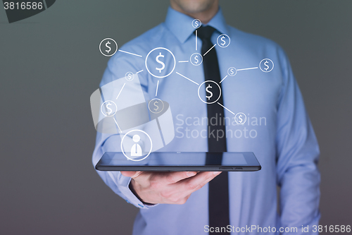 Image of businessman holding a tablet pc with dollar icons. Internet and business concept. 