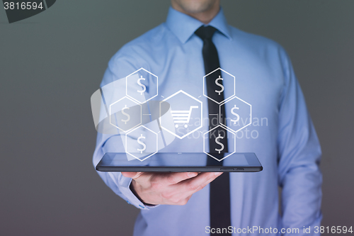 Image of business, sale, technology and people concept -  businessman with tablet pc computer, virtual shopping trolley icon 