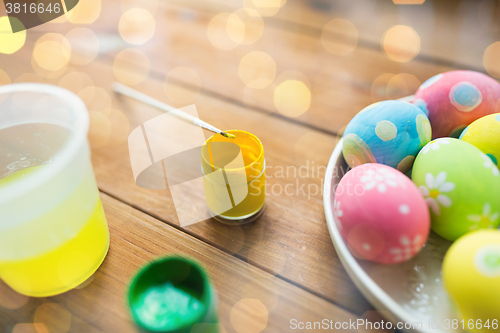 Image of close up of colored easter eggs on plate