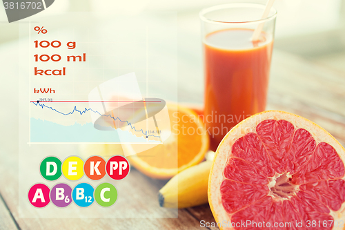 Image of close up of fresh juice glass and fruits on table