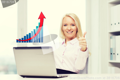 Image of happy businesswoman with laptop showing thumbs up