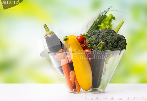 Image of close up of ripe vegetables in glass bowl on table