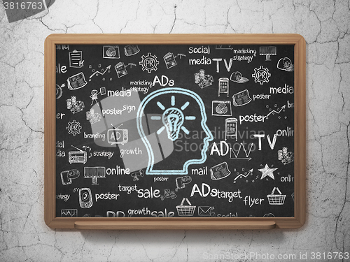 Image of Marketing concept: Head With Lightbulb on School Board background