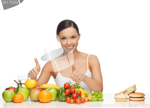 Image of woman with fruits showing thumbs up