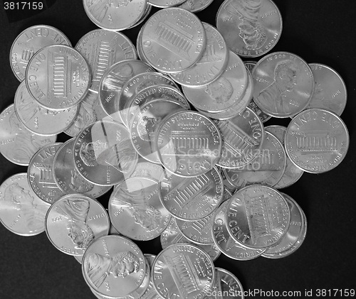 Image of Black and white Dollar coins 1 cent wheat penny