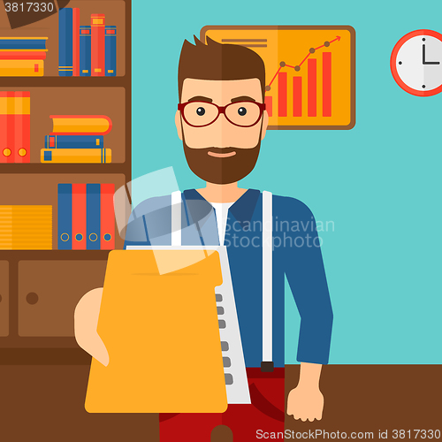 Image of Boss receiving file from employee.