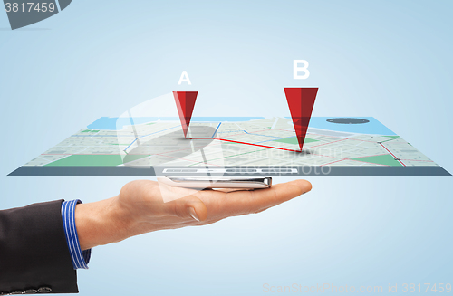 Image of male hand with smartphone gps navigator map